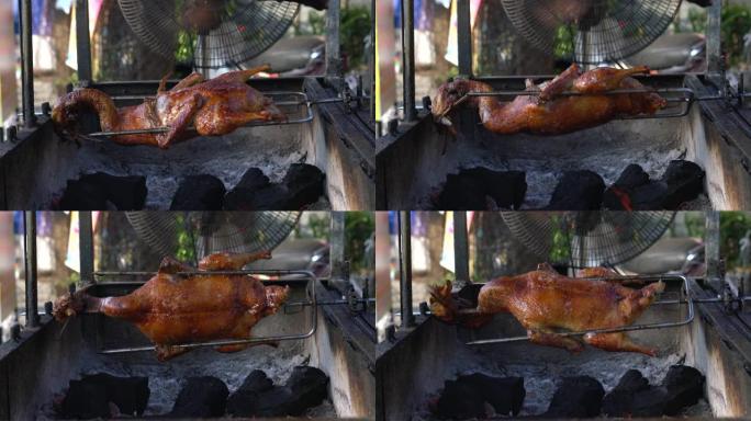 在越南的烤肉店上烤鸭在煤上