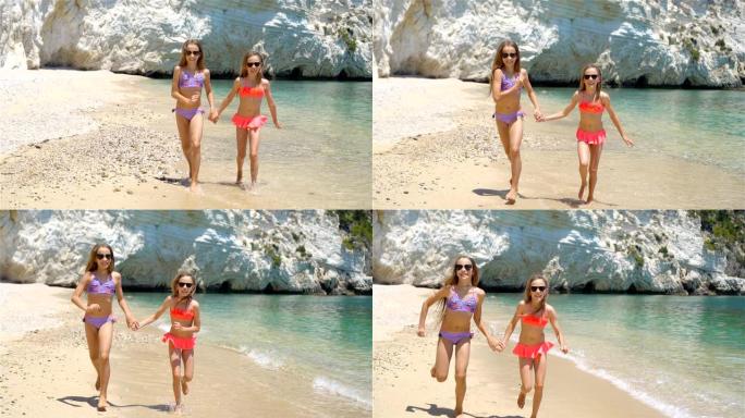 暑假期间，小女孩在热带海滩玩得开心
