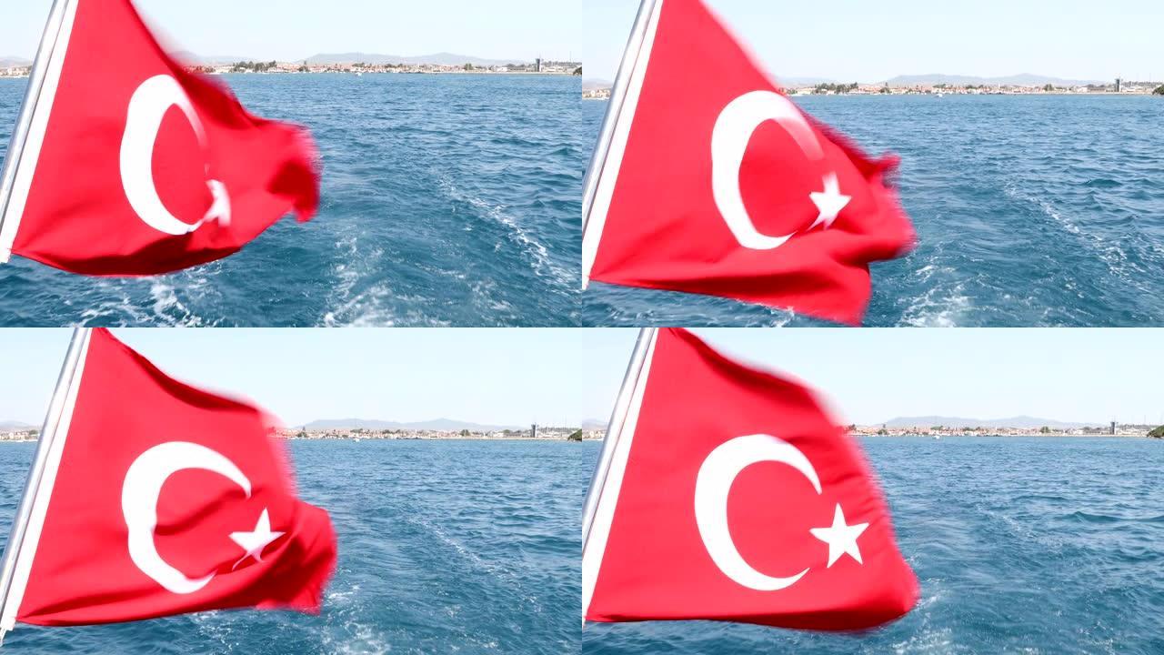 从带有土耳其国旗的渡轮上可以看到爱琴海和海岸