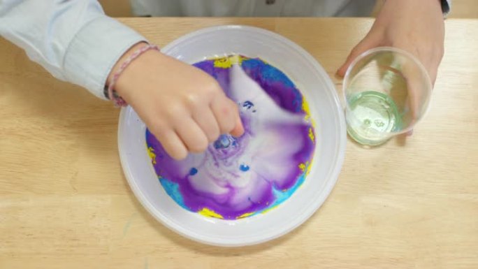 在学校的变色牛奶实验中，通过在盘子上旋转棉布来改变孩子的颜色