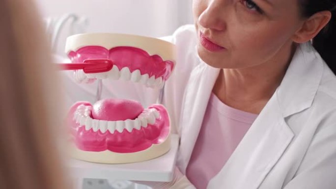 牙医在牙医诊所展示正确的刷牙方式