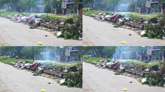 越南岘港路边燃烧垃圾堆
