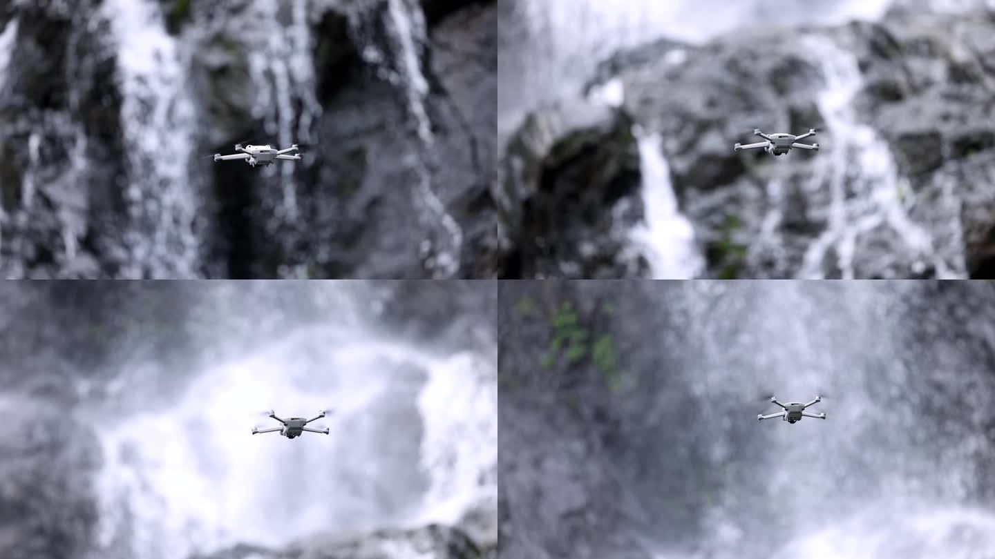 瀑布前的无人机