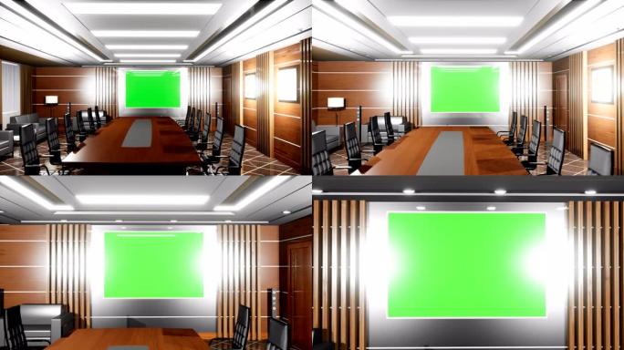 高档现代空办公室，配有扶手椅、木地板、书桌和绿屏电视面板。