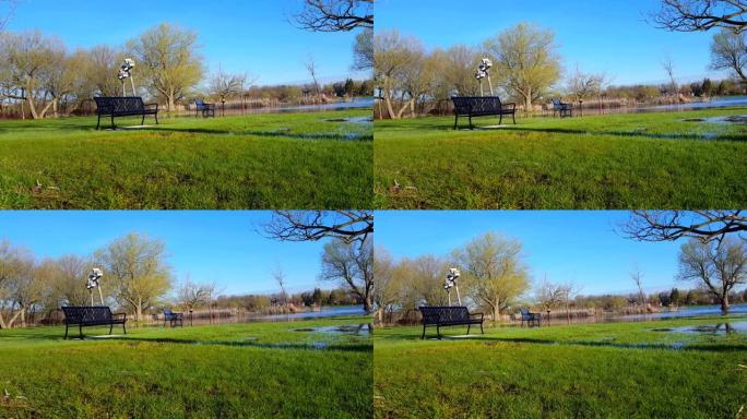 随着平移运动增加自然水位的上升。气候变化的结果。白天暴风雨过后被洪水淹没。湖水涌入自然公园长椅。