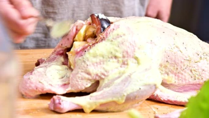 准备烤鸭或鹅的雌性手的特写镜头。白萝卜酱配蛋黄酱。