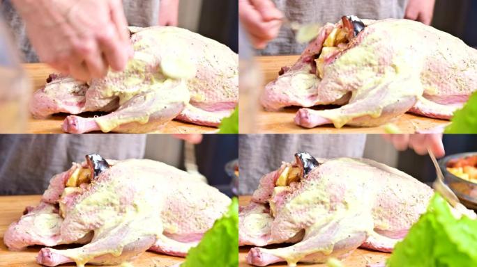 准备烤鸭或鹅的雌性手的特写镜头。白萝卜酱配蛋黄酱。