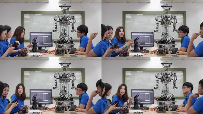 亚洲工程师团队在实验室组装和测试机器人反应。建筑师设计电路和工程师会议共享技术思想和协作开发机器人。