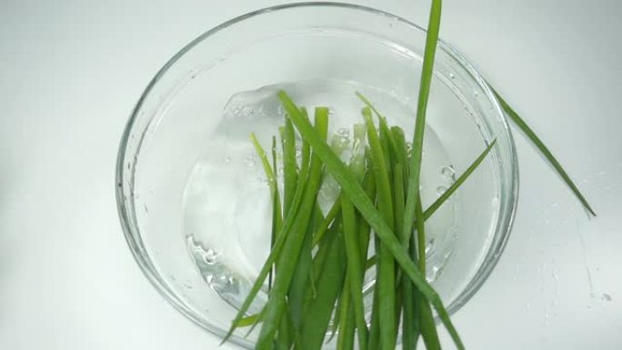 新鲜的葱掉入玻璃碗中，白色背景下的清水，慢动作