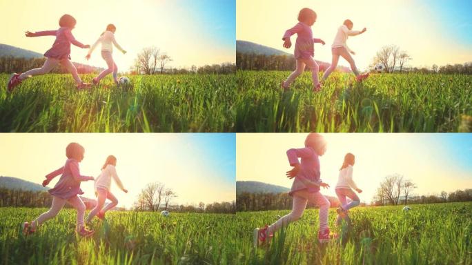 SLO MO TS女孩和她的妹妹在阳光明媚的草地上追球