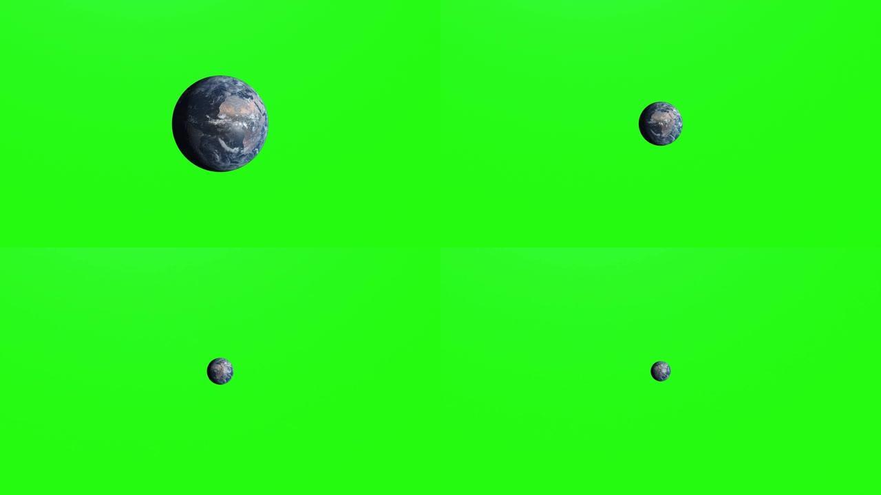 一艘飞船离开地球轨道的动画第一人称视角。色度键背景
