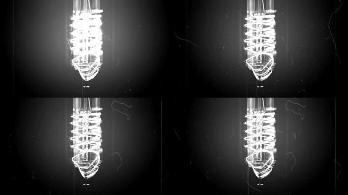 黑白复古老电影，慢动作打开和关闭的闪烁效果，复古复古灯泡，旧技术，灯丝内置，暖浅黄色和黑色背景，节能