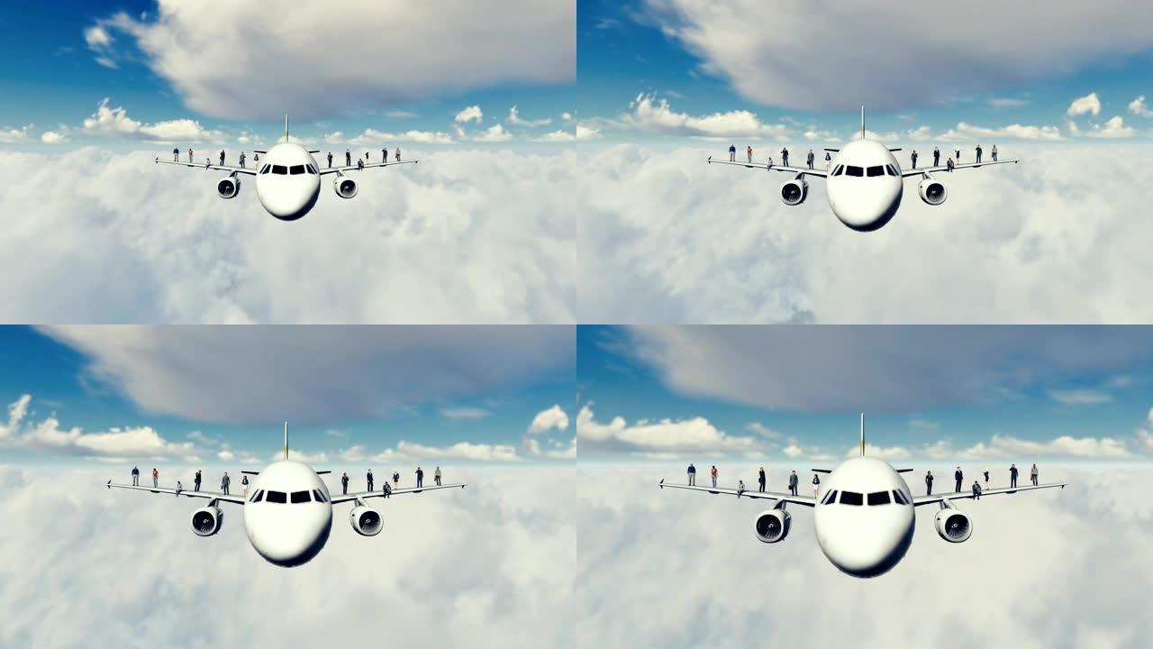 业务团队站在云层上方的飞机机翼上，对着蓝天，放大