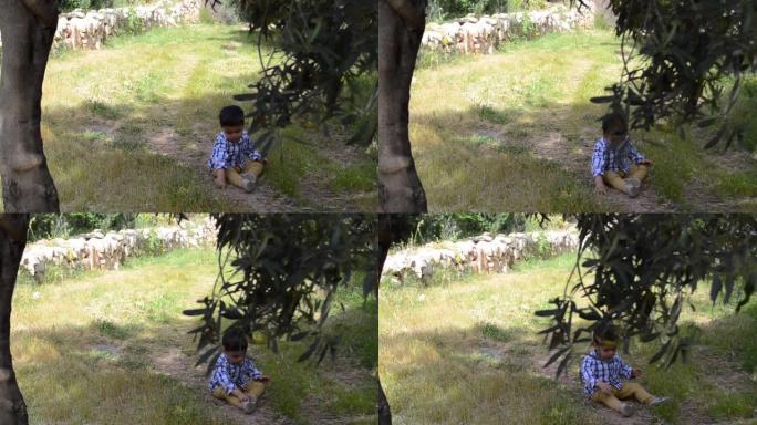 可爱的两岁男孩在公园玩耍。坐在草地上捡树枝