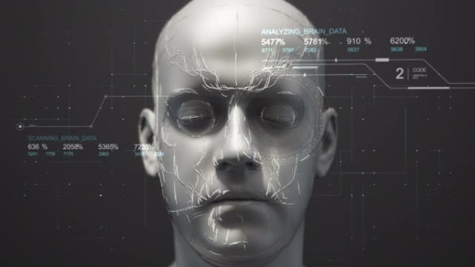 具有HUD数据的未来派仿生机器人脸缓慢向前移动