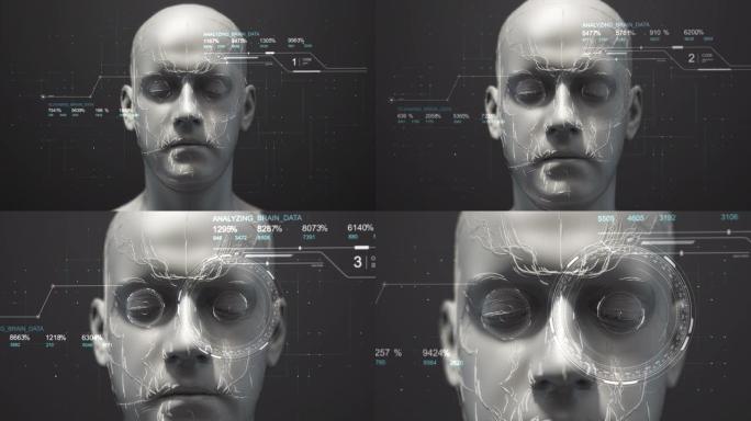 具有HUD数据的未来派仿生机器人脸缓慢向前移动