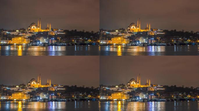 伊斯坦布尔城市景观苏莱曼清真寺 (Rustem Pasha Mosque) 与漂浮的旅游船在伊斯坦布