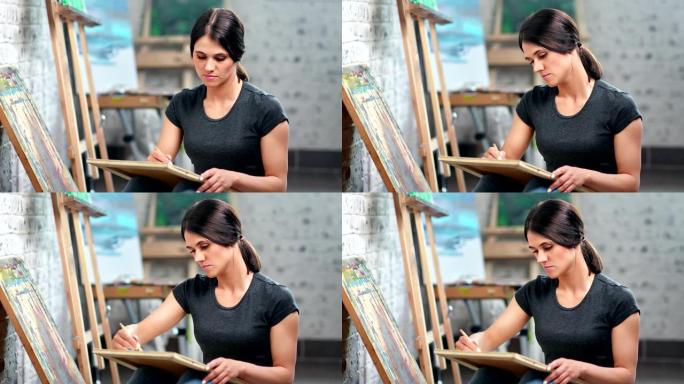 专注的熟练女画家在艺术工作室使用铅笔进行素描