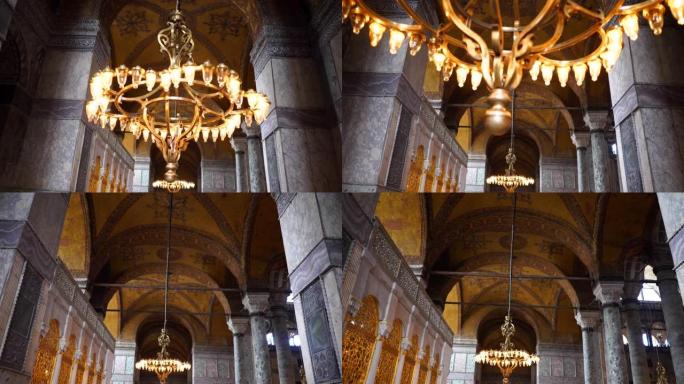 云台镜头走过伊斯坦布尔圣索菲亚清真寺内的灯具