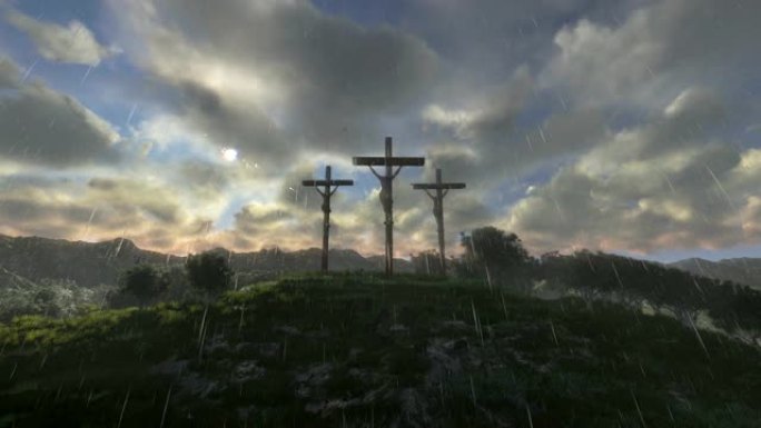 十字架上的耶稣，延时日落，下雨