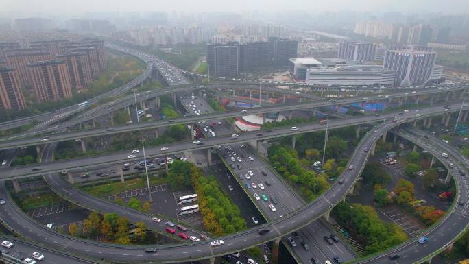 杭州上城区石德立交桥车流风景航拍