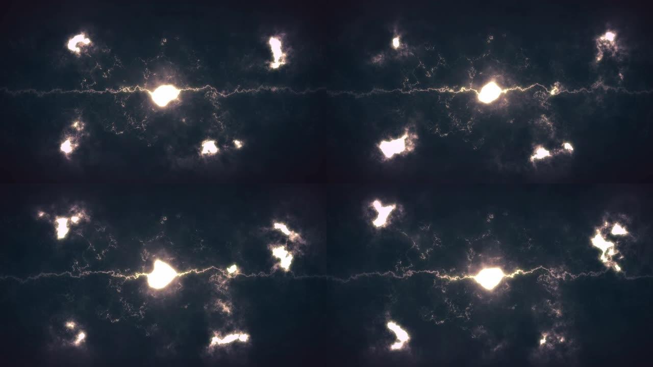 Abstacy背景夜空和云美丽的动画点亮，在暴风雨中飞行。