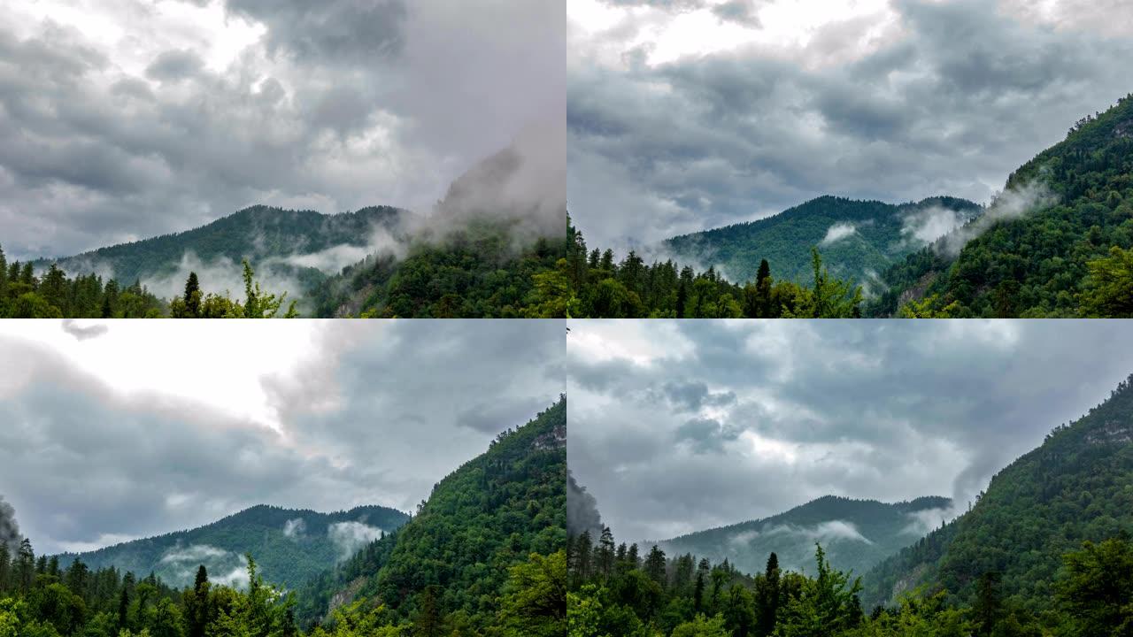山里雨后的时光，雾气从山上升起，美丽的山景，时光流逝