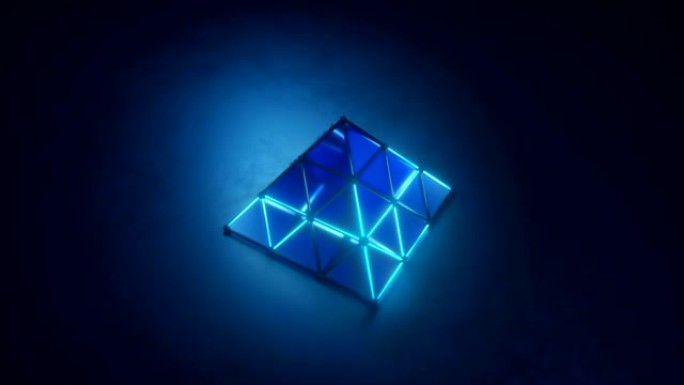蓝色发光金字塔形状3D渲染无缝循环动画