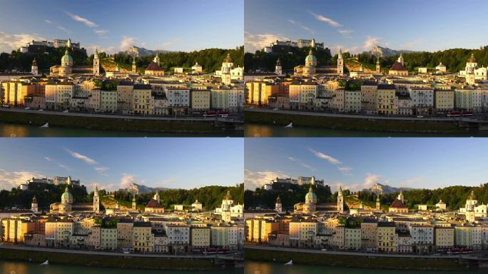 日落时夏天萨尔茨堡城市天际线的美丽景色