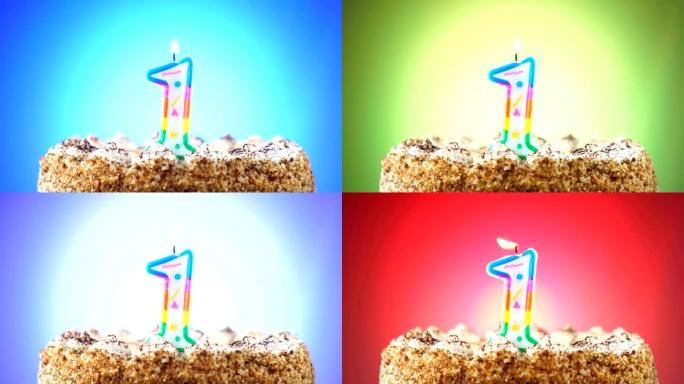 带有燃烧的生日蜡烛的生日蛋糕。1号。背景改变颜色