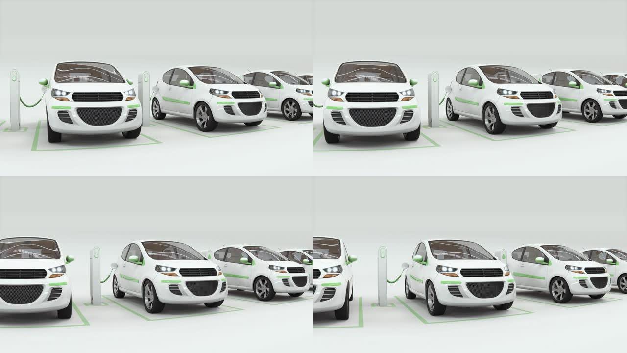 为白色背景上的现代电动汽车e-motion概念充电。