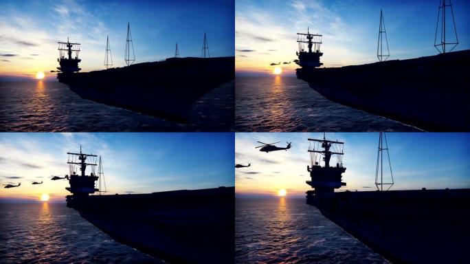 军用直升机黑鹰号在一望无际的海面日出时从一艘航空母舰上起飞