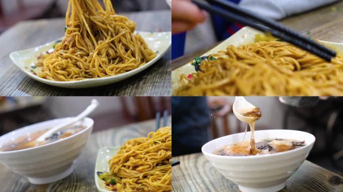 顾客享用早餐馄饨拌面早餐店美食视频素材