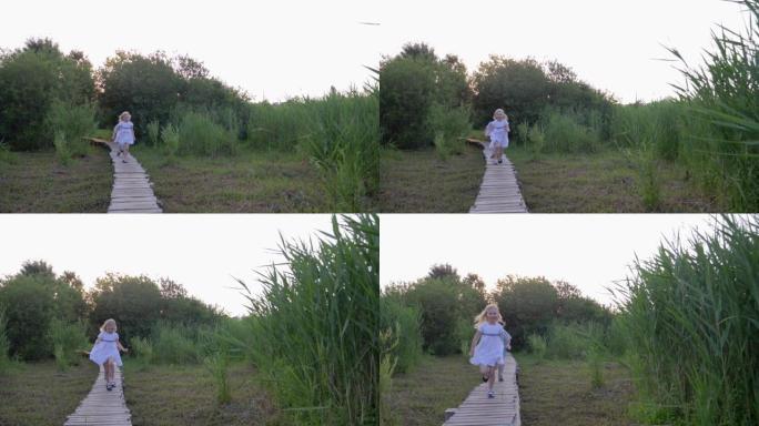 快乐的小朋友女孩和男孩在绿色植被中玩耍追赶并在大自然的木桥上奔跑