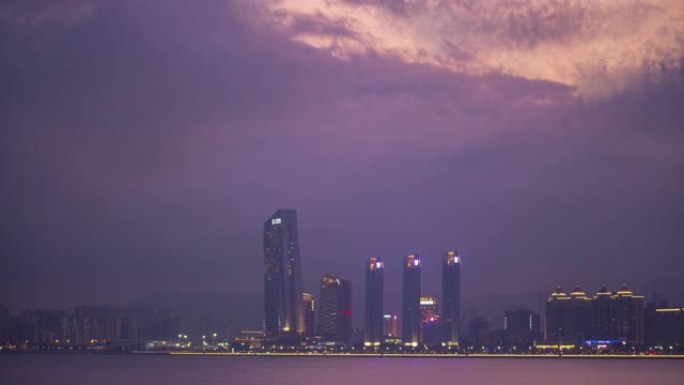 珠海市海岸线日落夜照明酒店度假村综合全景延时4k中国