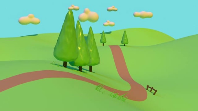 绿色自然山丘山地乡村道路蓝天卡通风格延时3d渲染运动