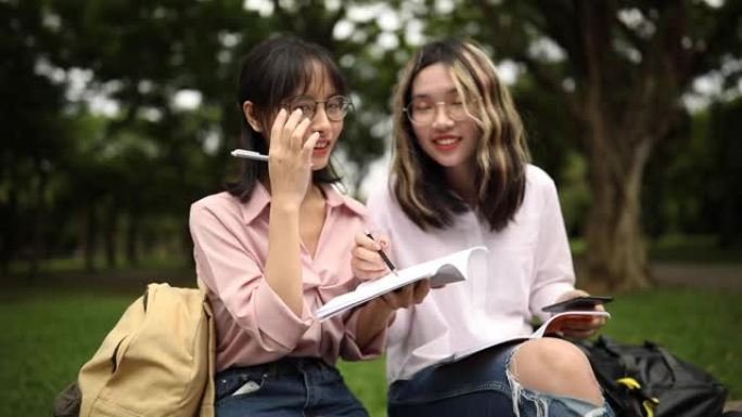 开朗的台湾女孩在公共公园学习