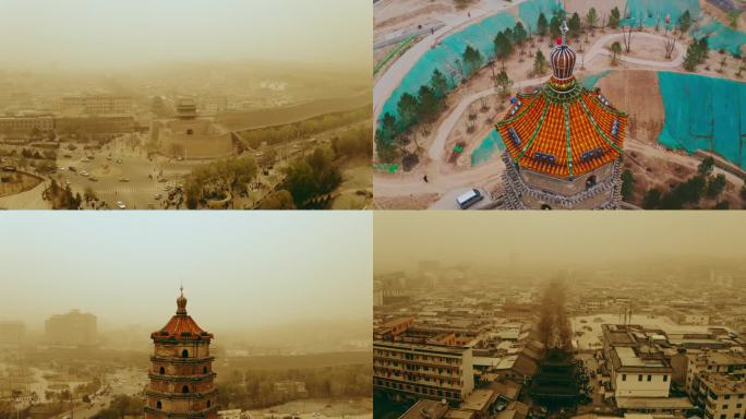 陕西省榆林市榆阳区南大街驼城沙尘暴航拍1