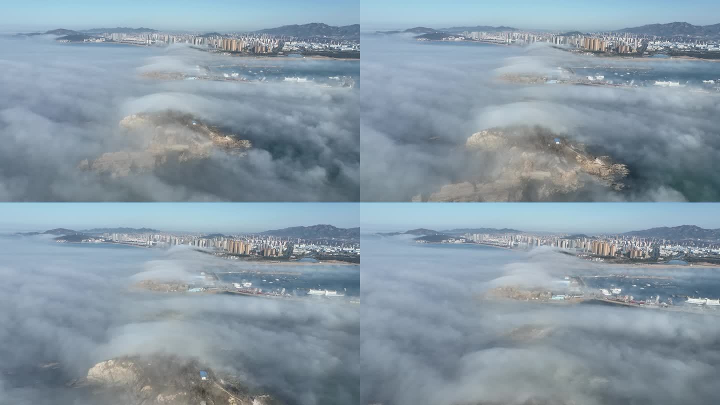 航拍山东威海高新区小石岛上空的平流雾