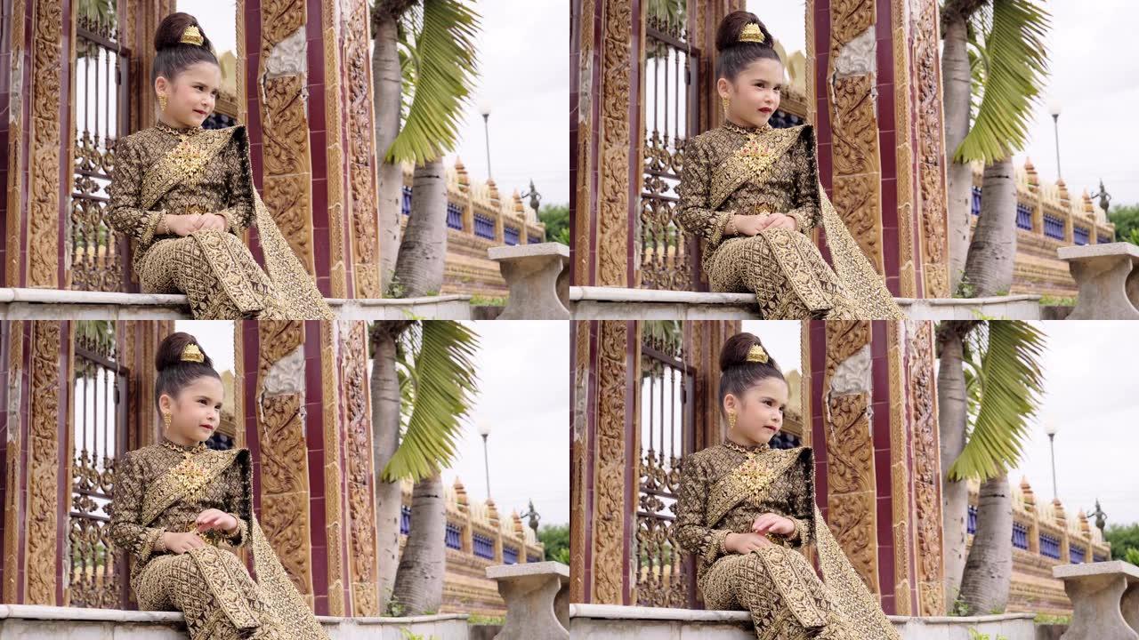亚洲美女肖像小女孩泰国服装，传统泰国概念