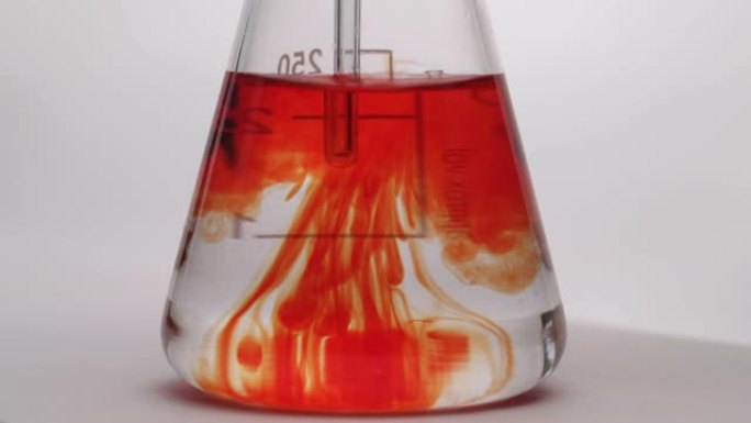 化学试剂的混合。液体在烧瓶中变色。烧瓶中化学反应的特写。孤立，在白色背景上