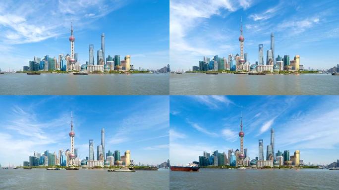 中国黄浦江上海市区天际线珍珠的时间流逝。亚洲智慧城市的金融区和商业中心。中午外滩附近的摩天大楼和高层
