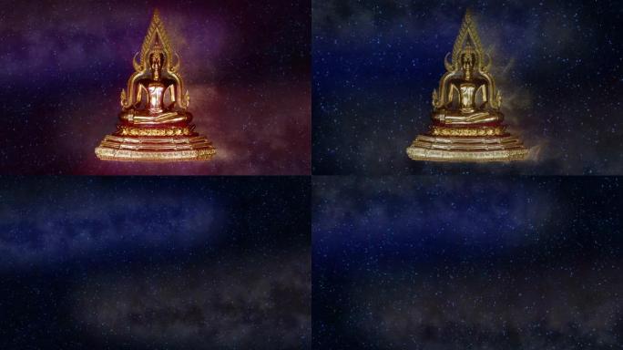 黄金佛像揭示动画与金粒子尘埃和宇宙的星场背景