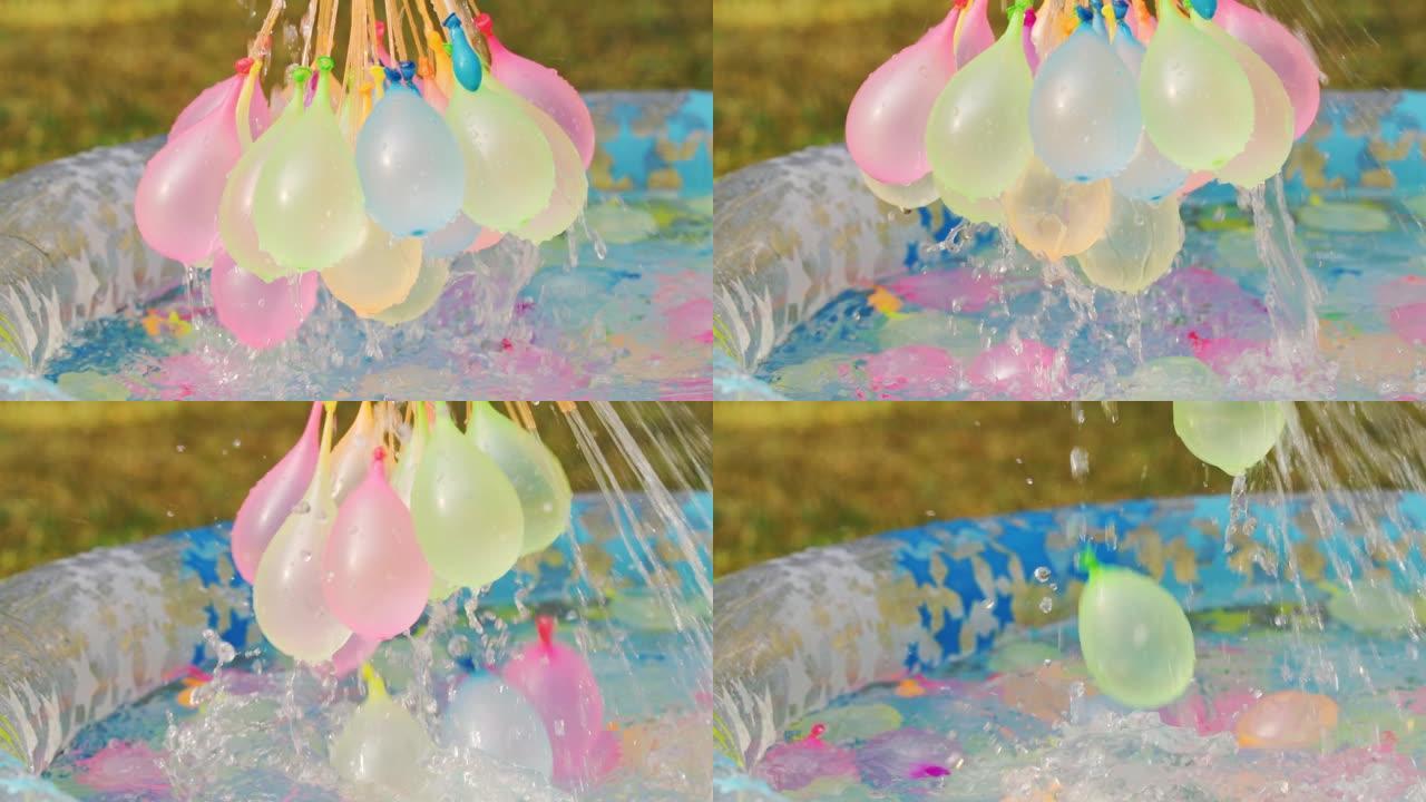 夏日充满水的彩色水气球的特写镜头