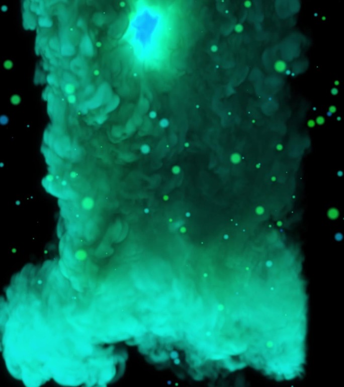 竖屏绿蓝色流云气体落下发光粒子烟雾飘落
