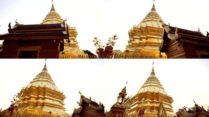 在Wat Phra的amaznig金色佛教佛塔的Pano Doi Suthep。泰国清迈著名寺庙。多