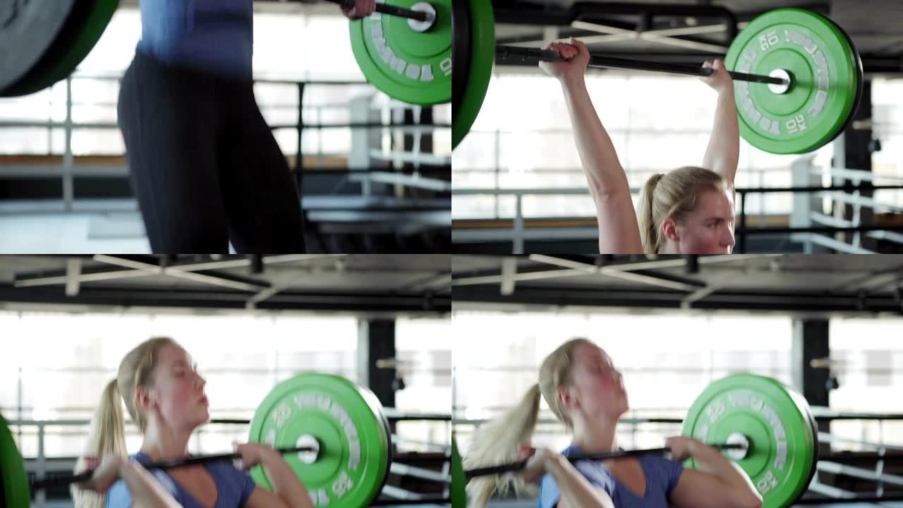 在健身房里，强壮的女运动员用盘子举起杠铃，做挺举运动