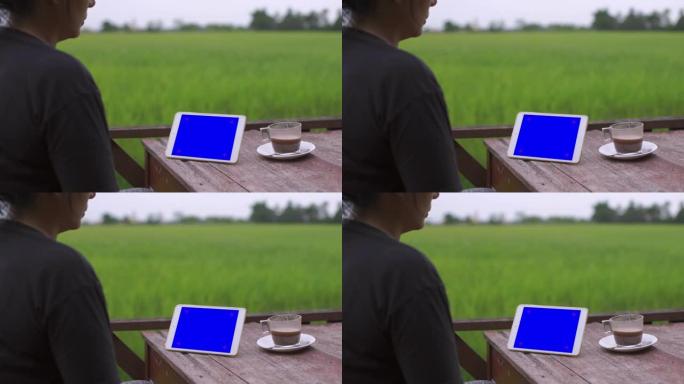 女人在稻田蓝屏上观看数字平板电脑