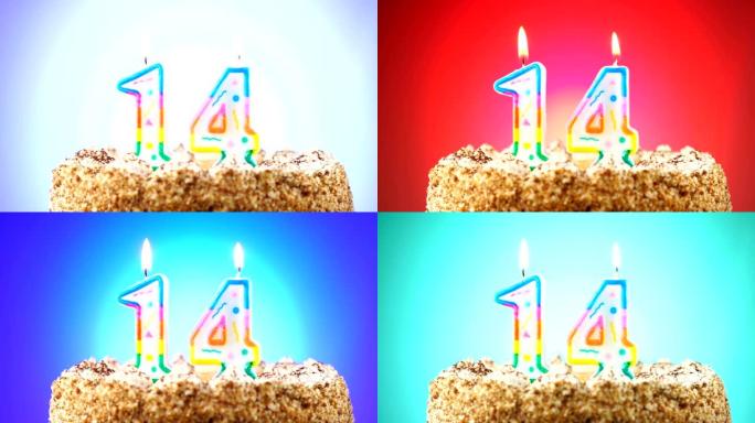 带有燃烧的生日蜡烛的生日蛋糕。14号。背景改变颜色