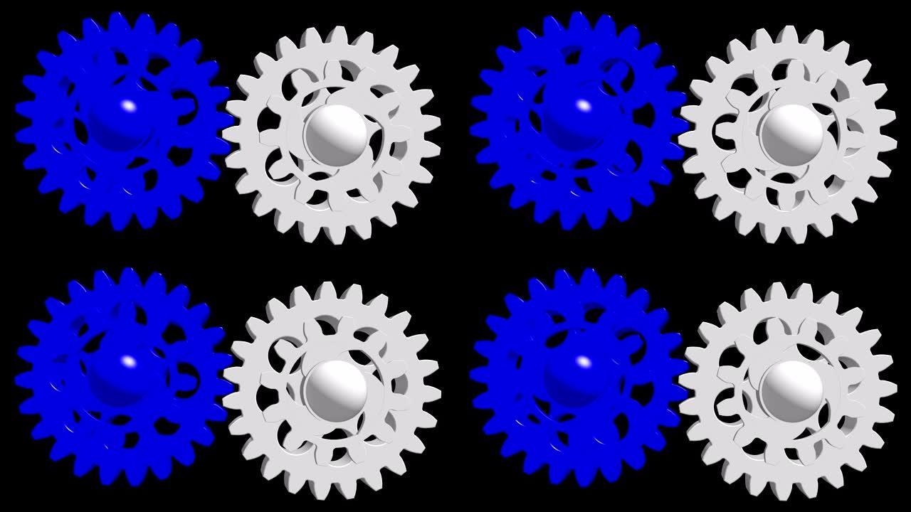 黑色背景上的蓝色和白色旋转齿轮